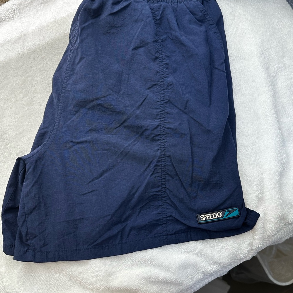 Speedo Mens  Solid Navy Blue  E-Board Swim Trunks Sz XL  Logo Hit On Shorts